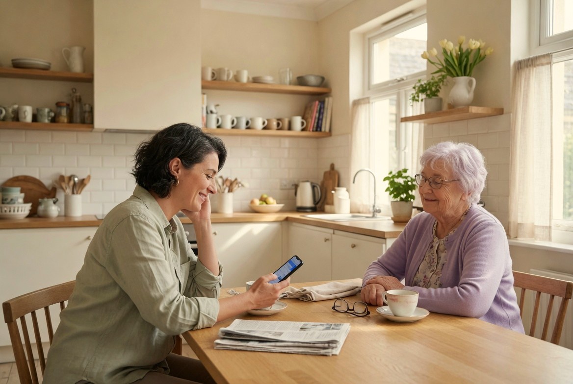 An adult daughter and her mother at a sunlit kitchen table