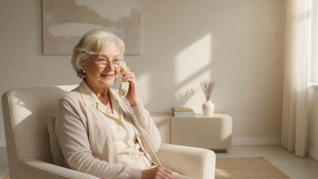 An older woman smiling while taking a reminder call on her home phone
